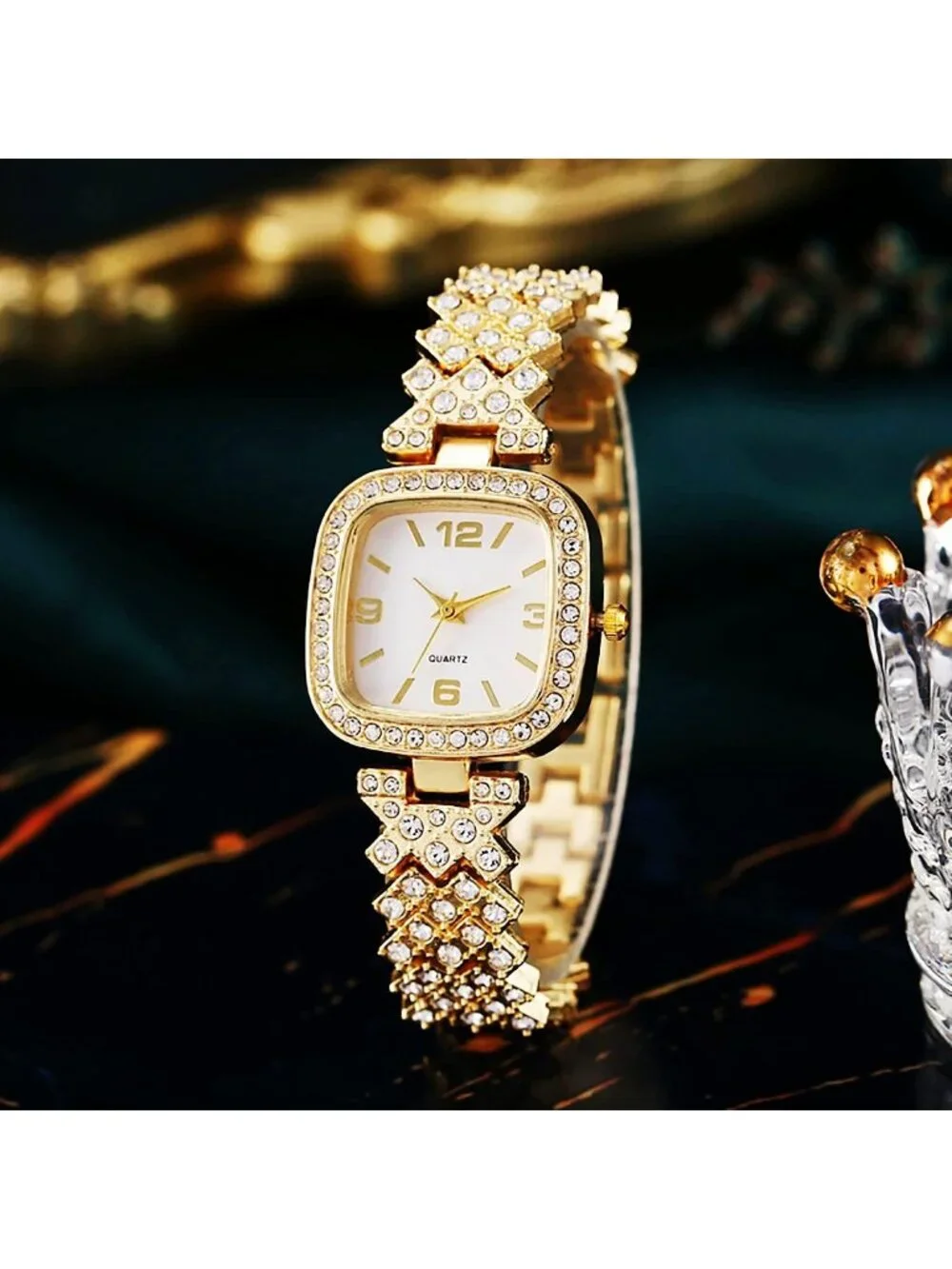 Women's Gold Fashion Luxury Vintage Diamond Square Digital Dial Quartz Watches